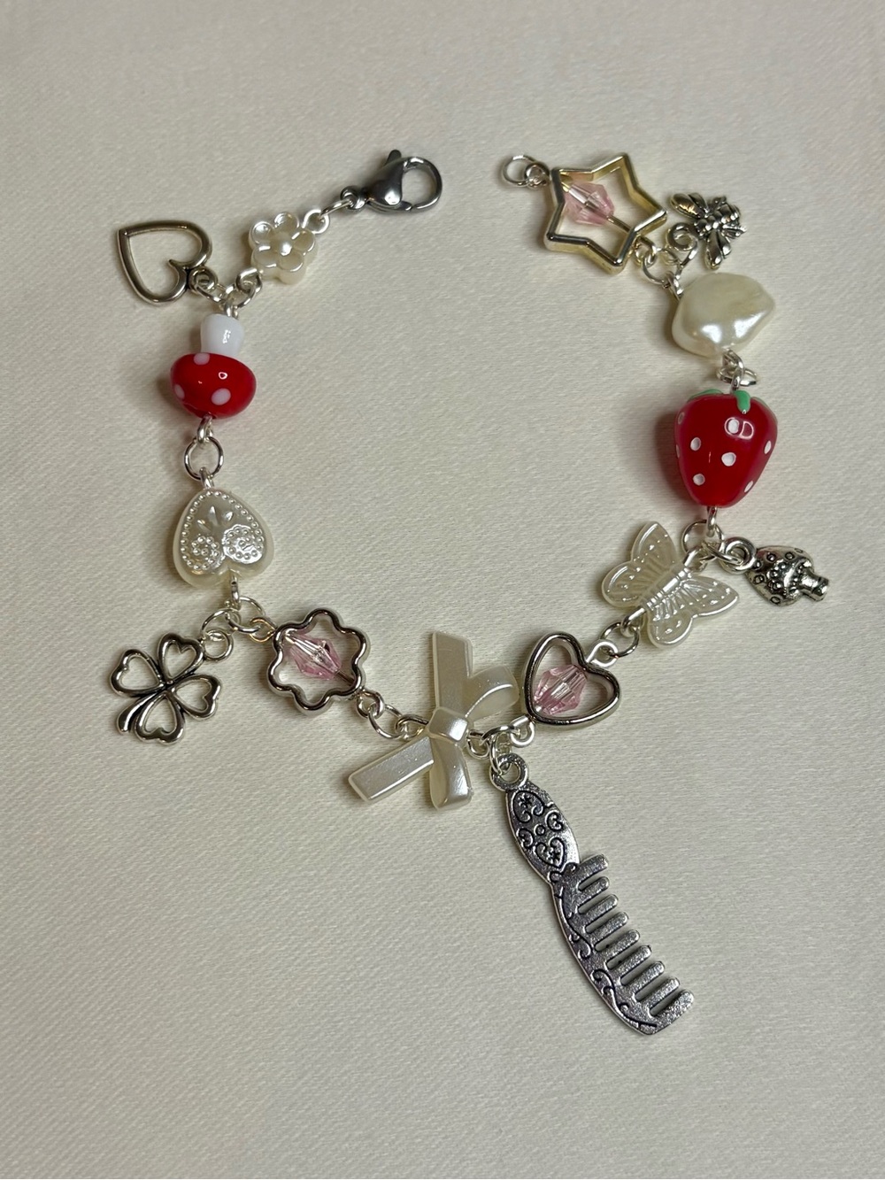 Handmade Silver Pink/Red Charm Bracelet
